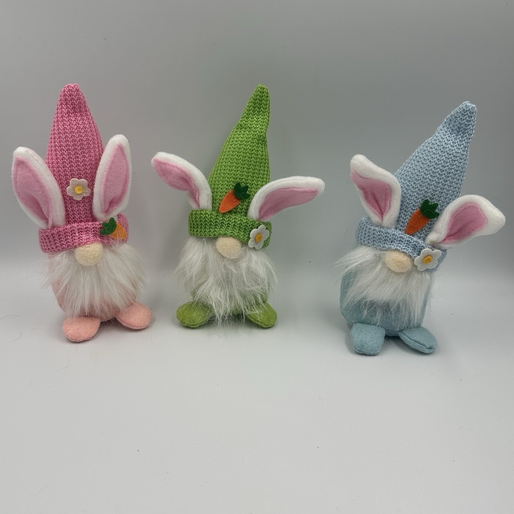 Lot of 3 Bunny Rabbit Gnome Easter‎ Spring Decor Shelf Sitter Plush Knit Pastels